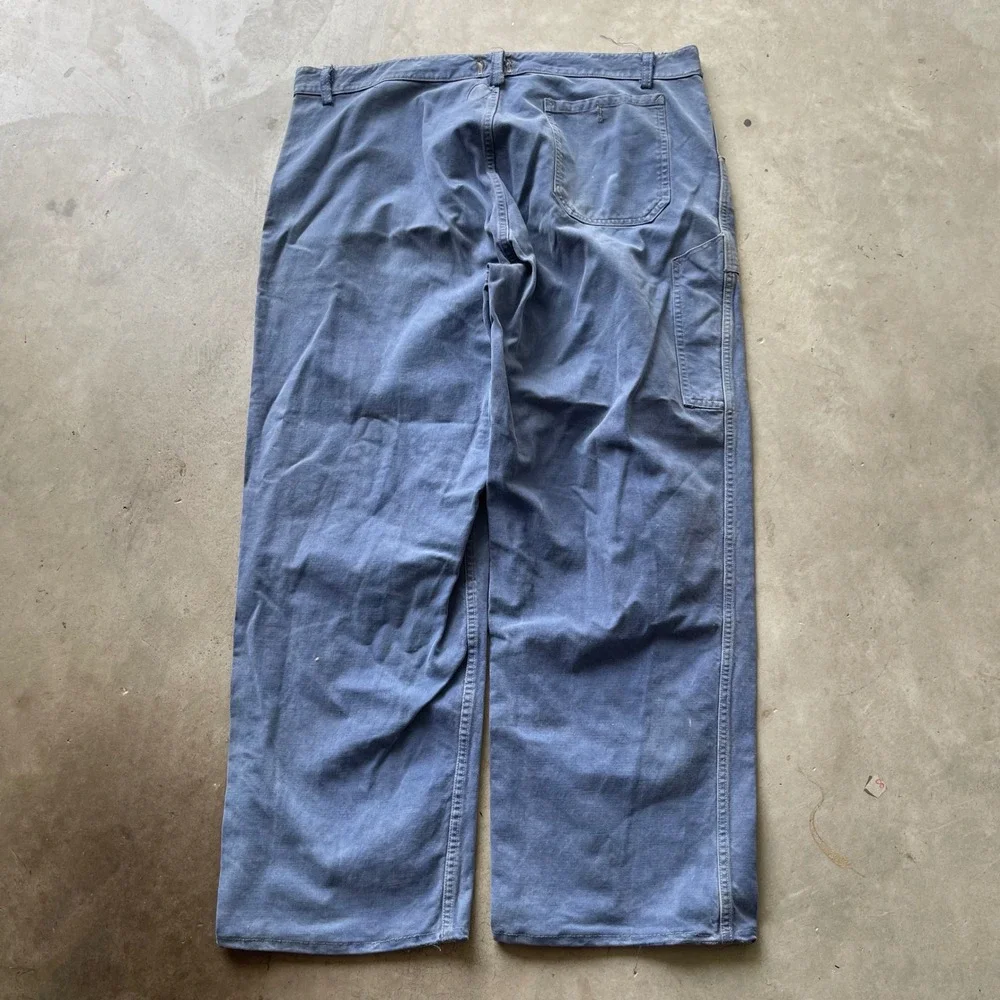 Vintage 40s French Workwear Chore Pants Blue Faded Distressed Button Fly 38x28